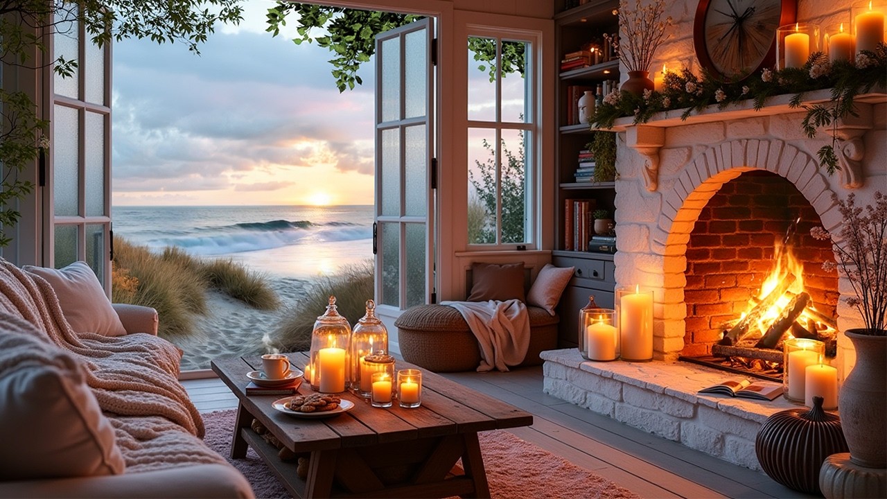 🌷🌊 Seaside Spring Escape | Cozy Fireplace, Ocean Waves & Soft Birdsong | Relaxing Cabin Ambience 🔥🐦