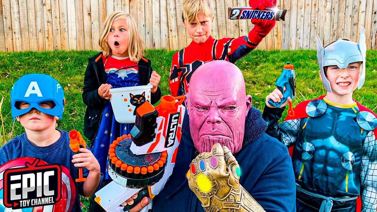 Nerf Battle: Avengers Hero Kidz vs Thanos - Pretend Play