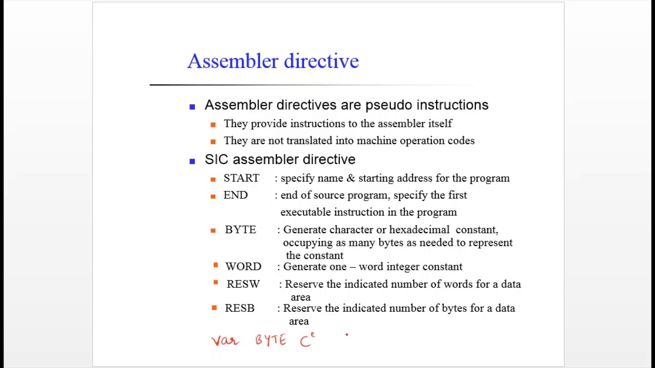 10 System software VTU tutorial | what is assembler directives and Few of SIC ass