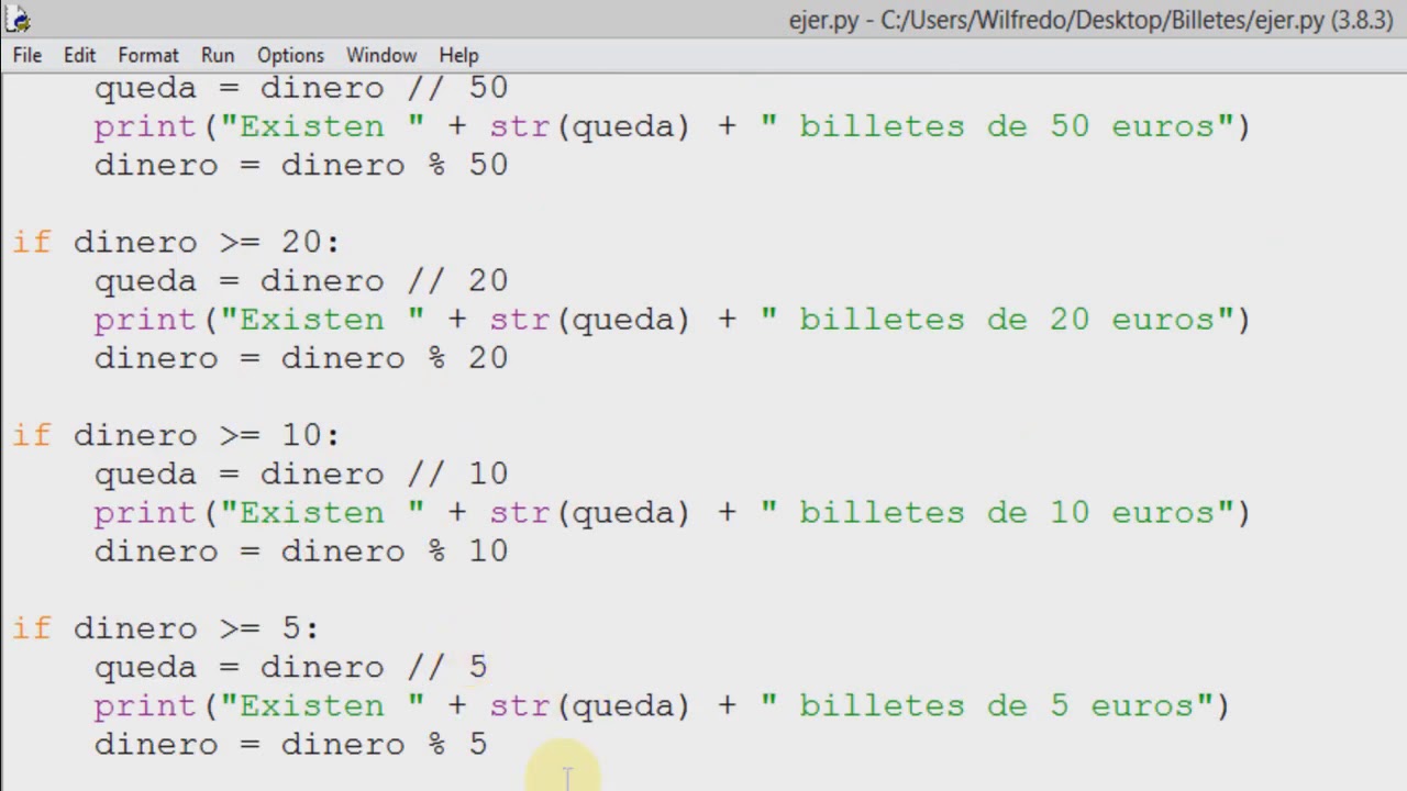 Ejercicio  de desglose en billetes y monedas en Python