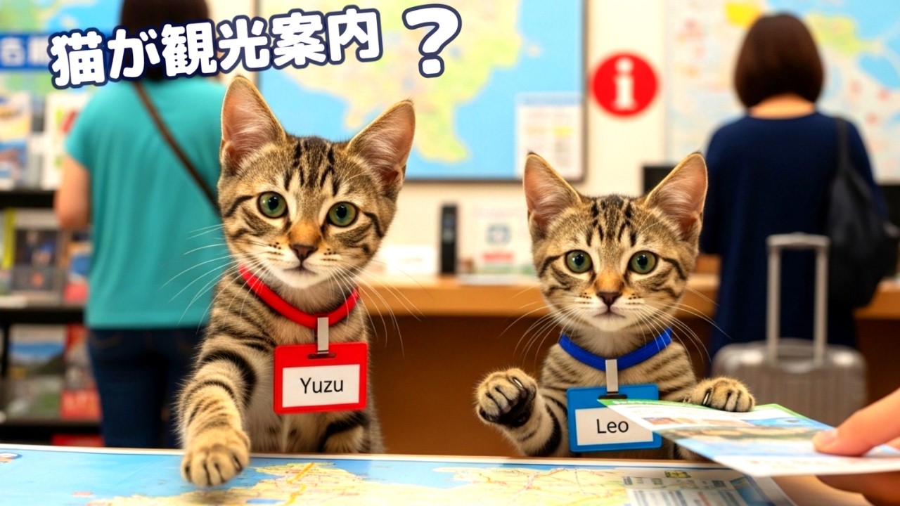 猫ゆずレオ、観光案内のおてつだい🐱🐱Cats Yuzu & Leo Helping at a Tourist Information Center in Japan