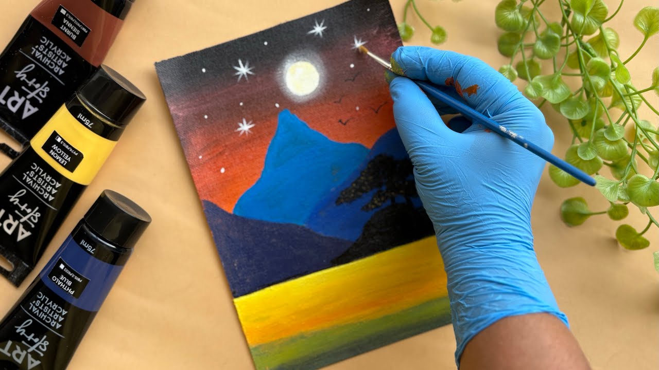 Easy Mini Landscape Acrylic Painting Tutorial | Sunset Night Scenery