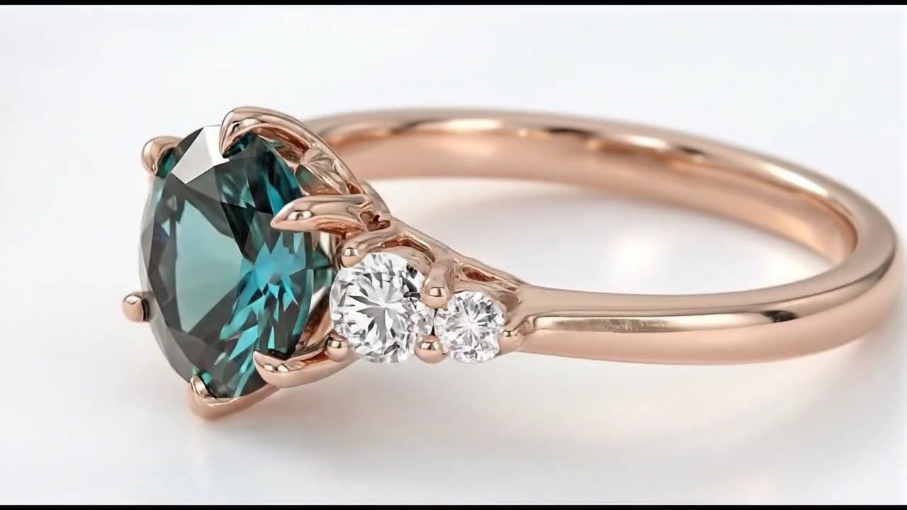 14k Rose Gold Green Sapphire Engagement Ring for Women | Tulip Setting Diamond Promise Ring