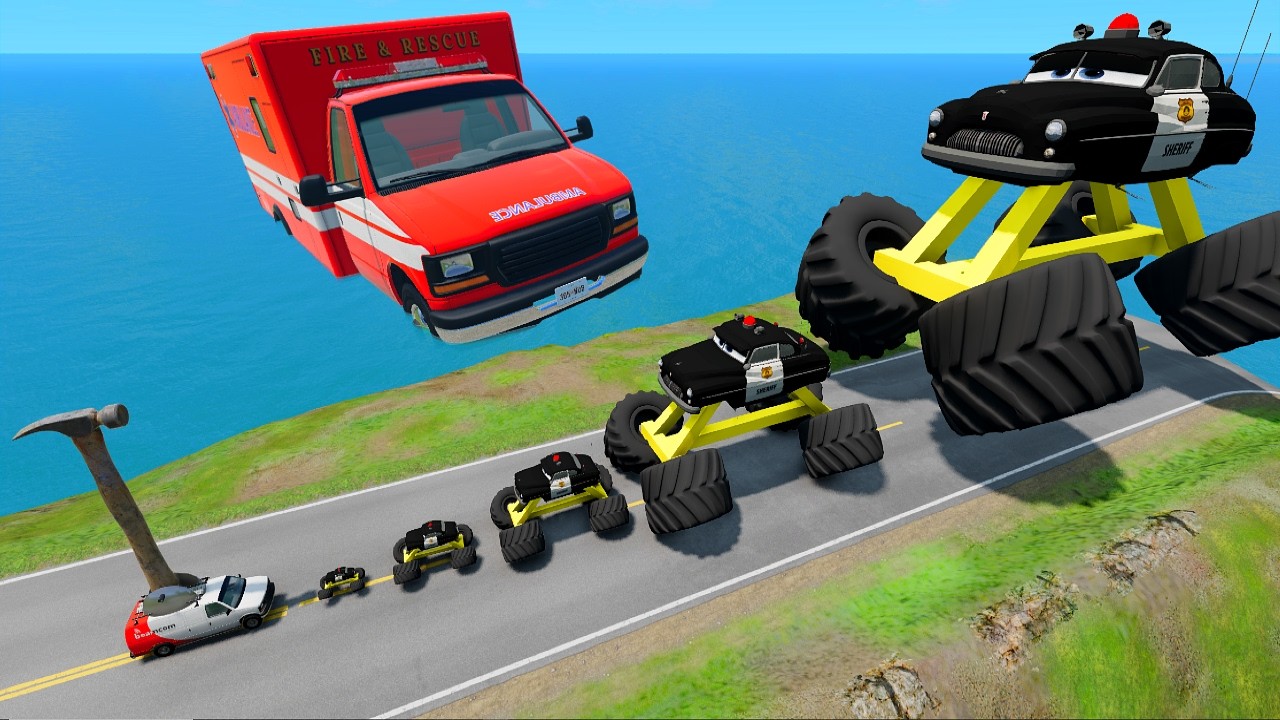 Big & Small Sheriff with Monster Wheels vs Hammer Van - Giant Ambulance Rescue - BeamNG #98