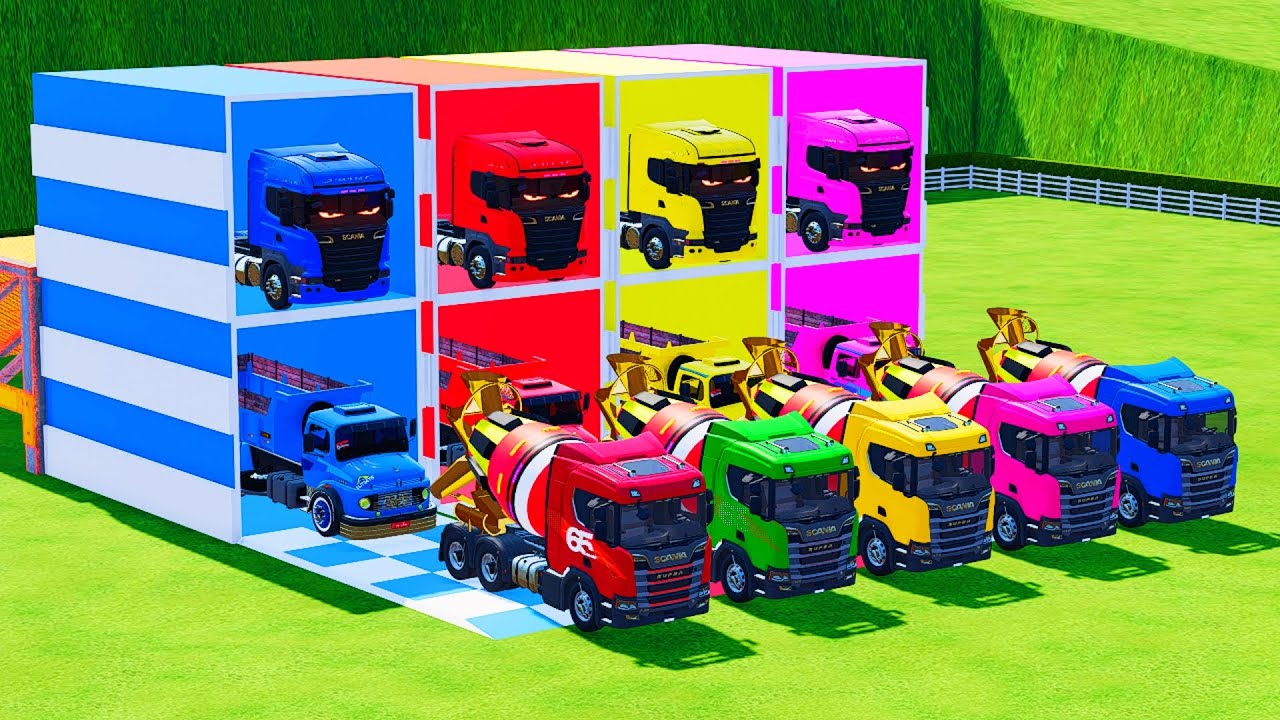 Garage With Colors - ALL MIXER TRUCK WITH DOUBLE FLATBED TRAILER TRUCK, HINO, MERCEDES, MAN #28 FS22