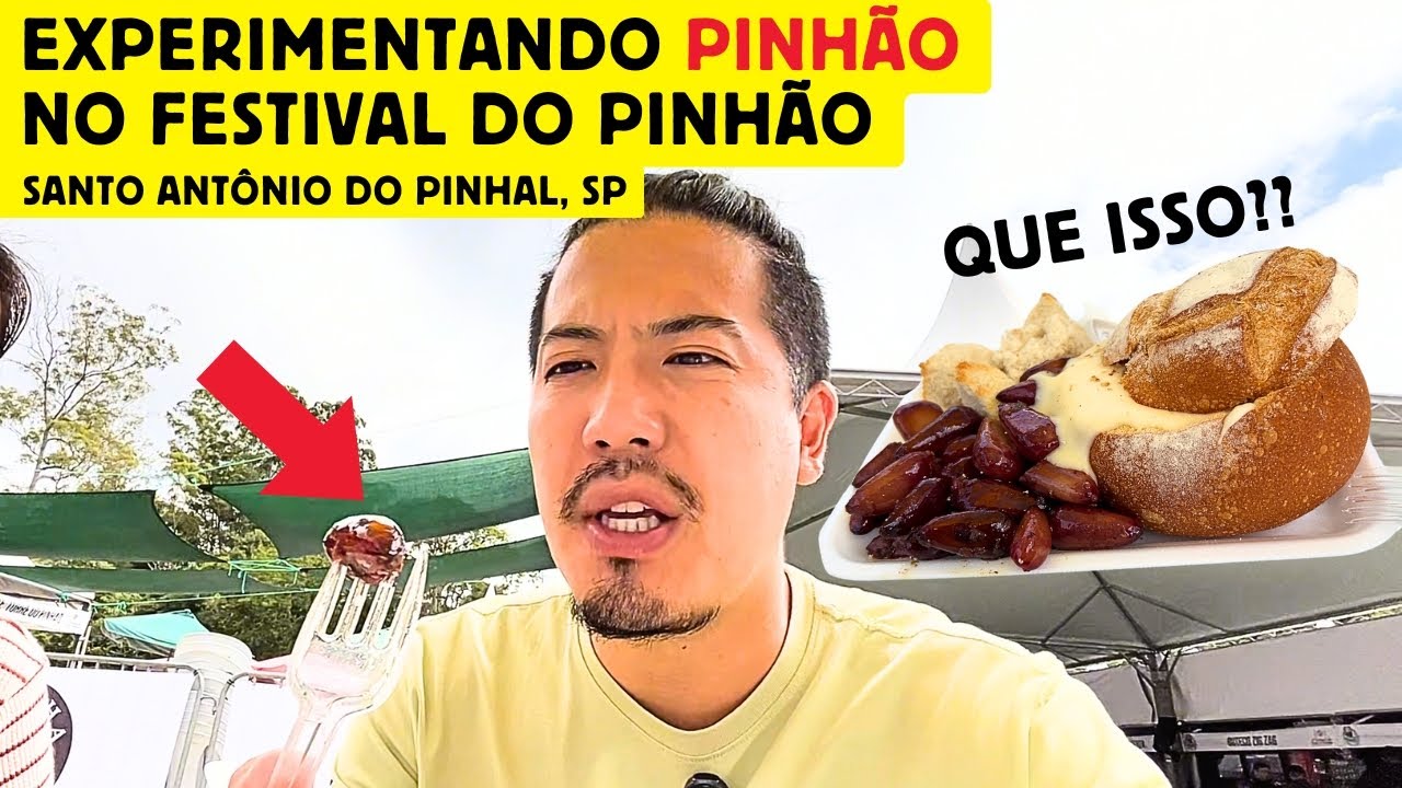 Um japonês experimentando pinhão pela primeira vez em Santo Antônio do Pinhal, SP