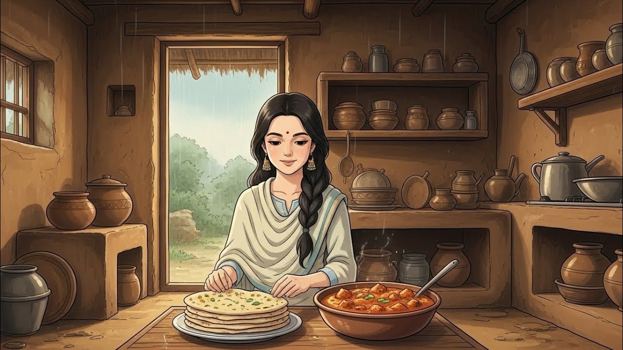 🌧️ Rainy Morning Butter Chicken & Garlic Naan | Cozy Village Ghibli Cooking ASMR