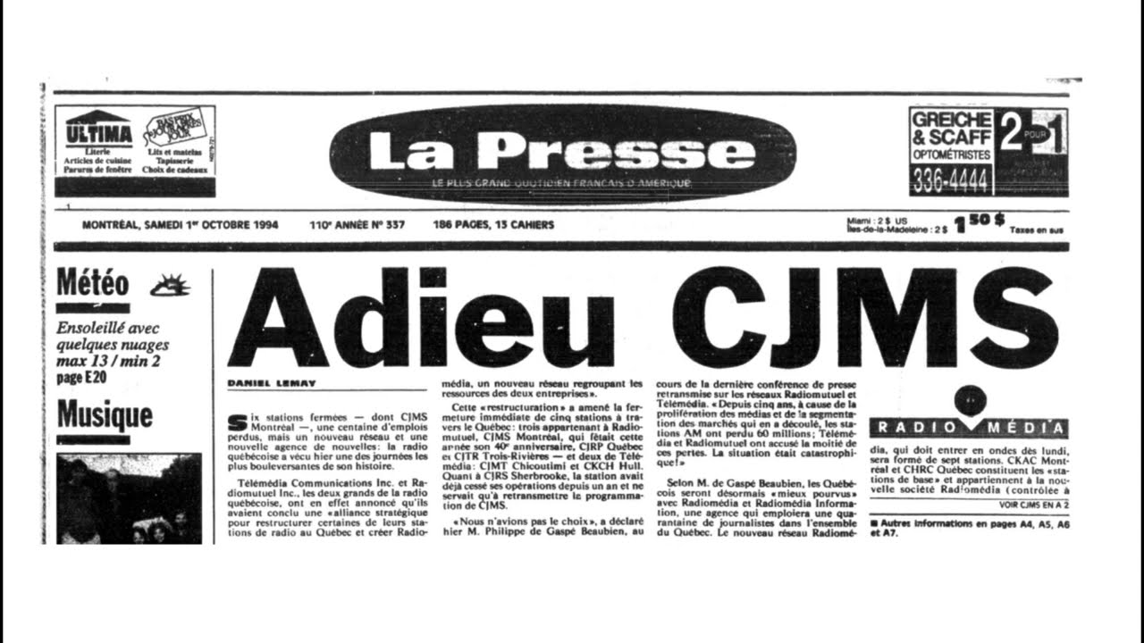 Message de fermeture de CJMS - Vendredi noir de la radio (1994)