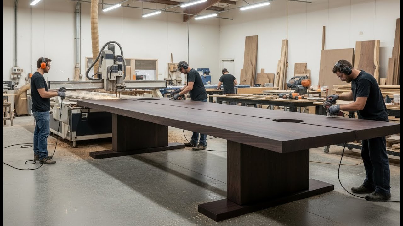 Modern Woodworking Process Shaping Giant Hardwood into a Massive Heavy Wooden Table