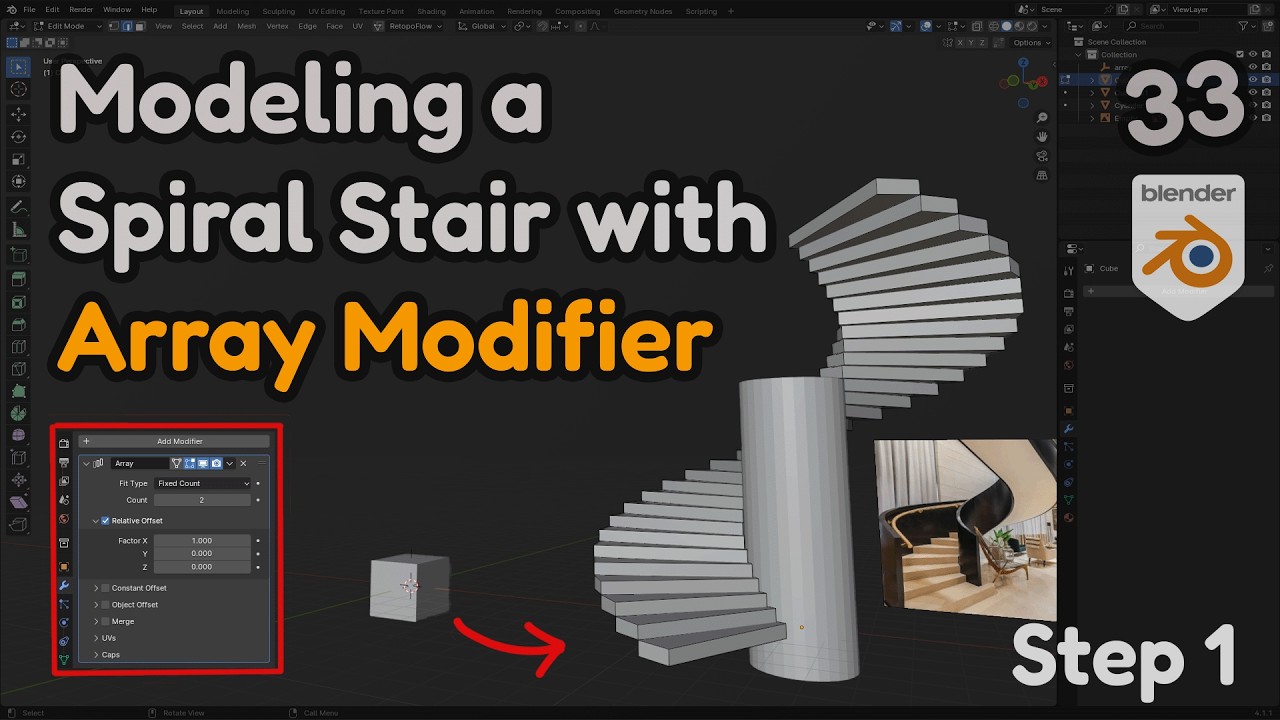 33 - How to Repeat Object in blender with Array Modifier: Spiral Staircase
