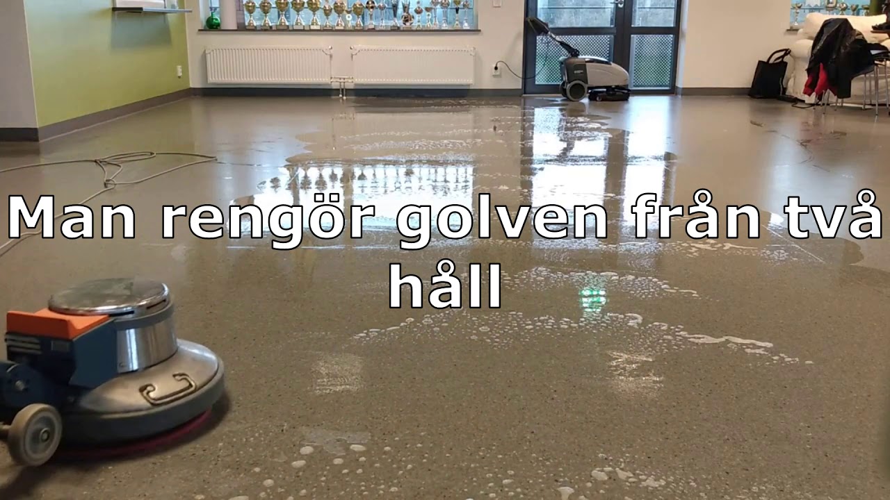 Rengöra plastgolv och polera med polermaskin