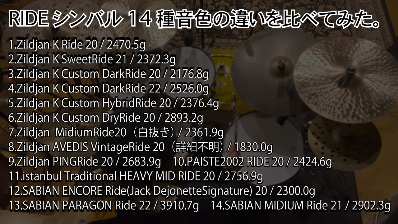 RIDEシンバル14種類音色の違いを比べてみた。Zildjan/SABIAN/Paiste/istanbul