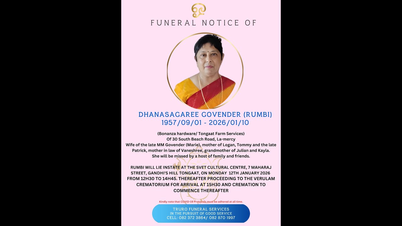 Funeral Service livestream of DHANASAGAREE GOVENDER (RUMBI)