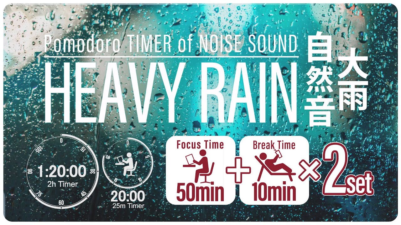 【大雨の音】アプリいらずに時間管理！リモートワークに最適な集中を！「50分集中＋10分休憩」【勉強用・作業用BGM】【生産性向上】【時間管理】