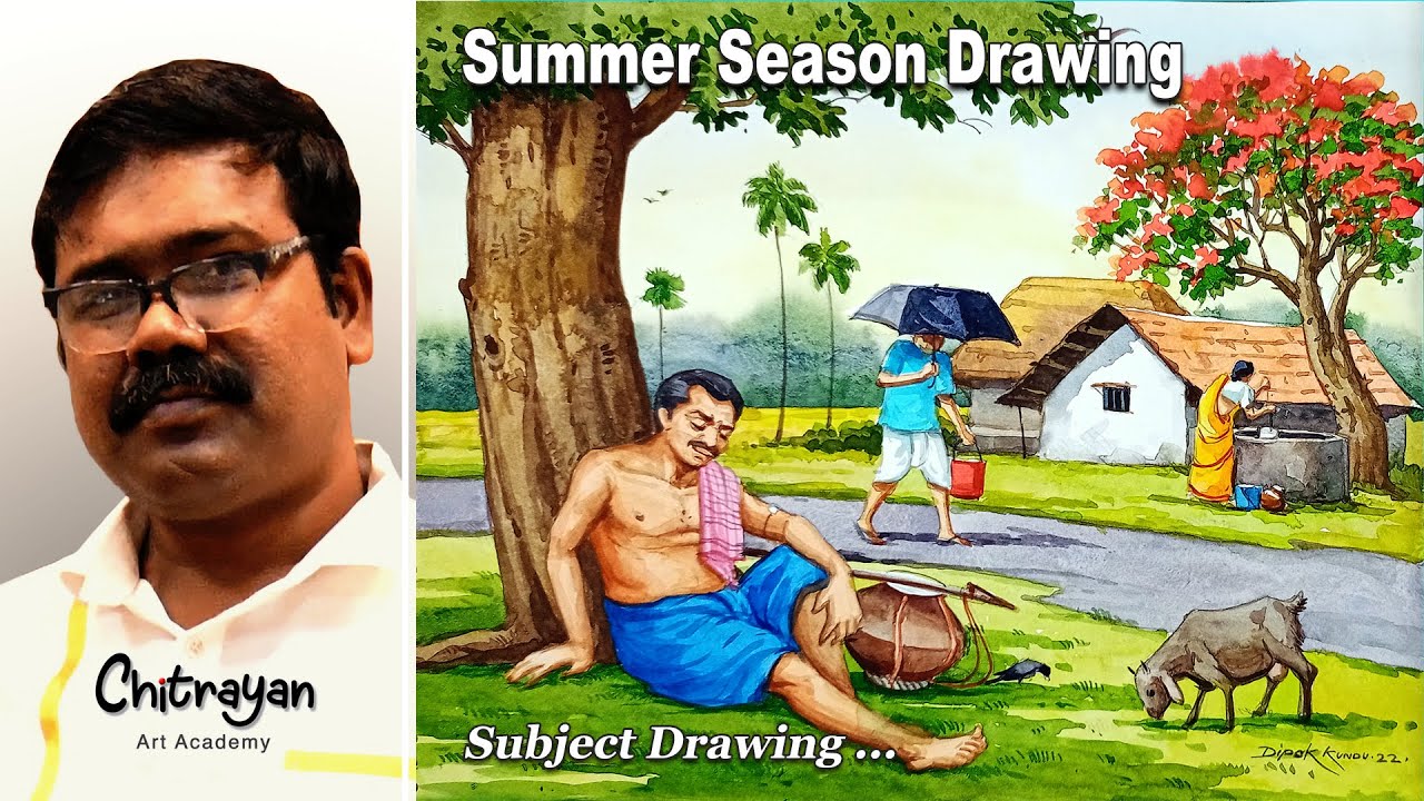 | Summer Season Drawing Watercolor | How To Draw Scenery Of Summer Season | Summer Season Drawing |