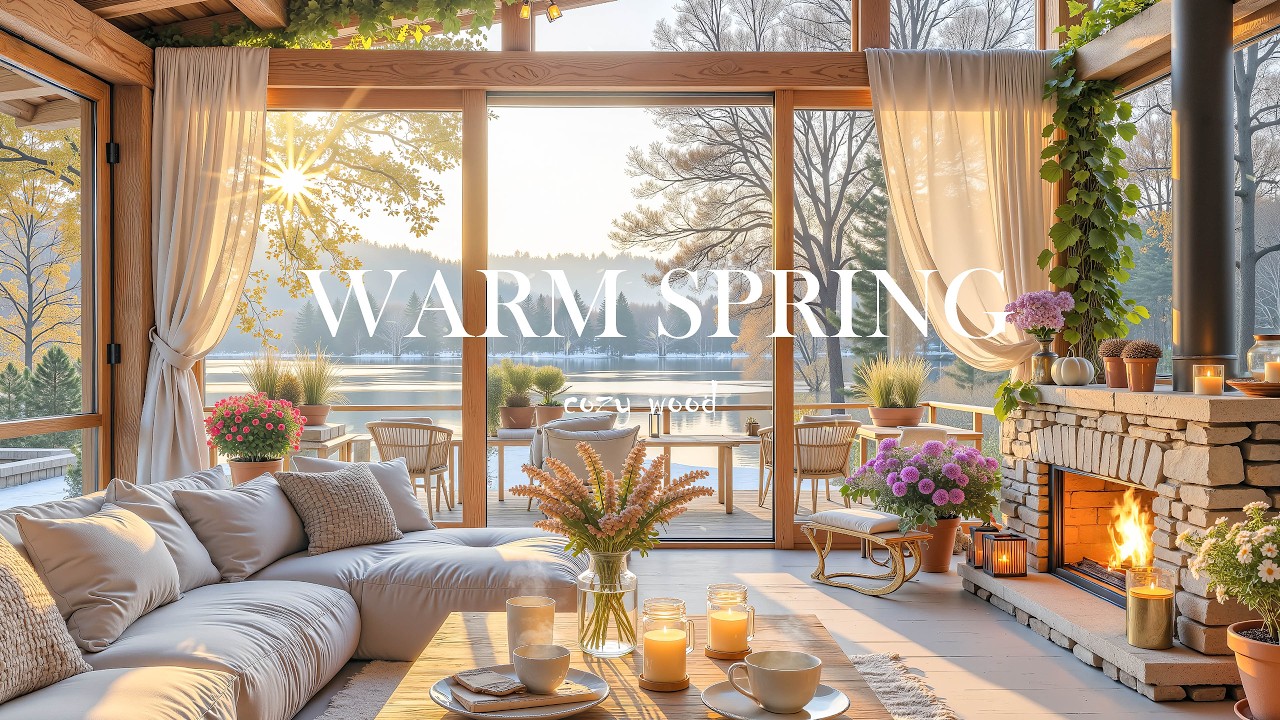 Warm Spring Cabin Jazz Morning 🌸 | Gentle Piano & Cozy Fireplace Sounds by the Lake for Study, Work