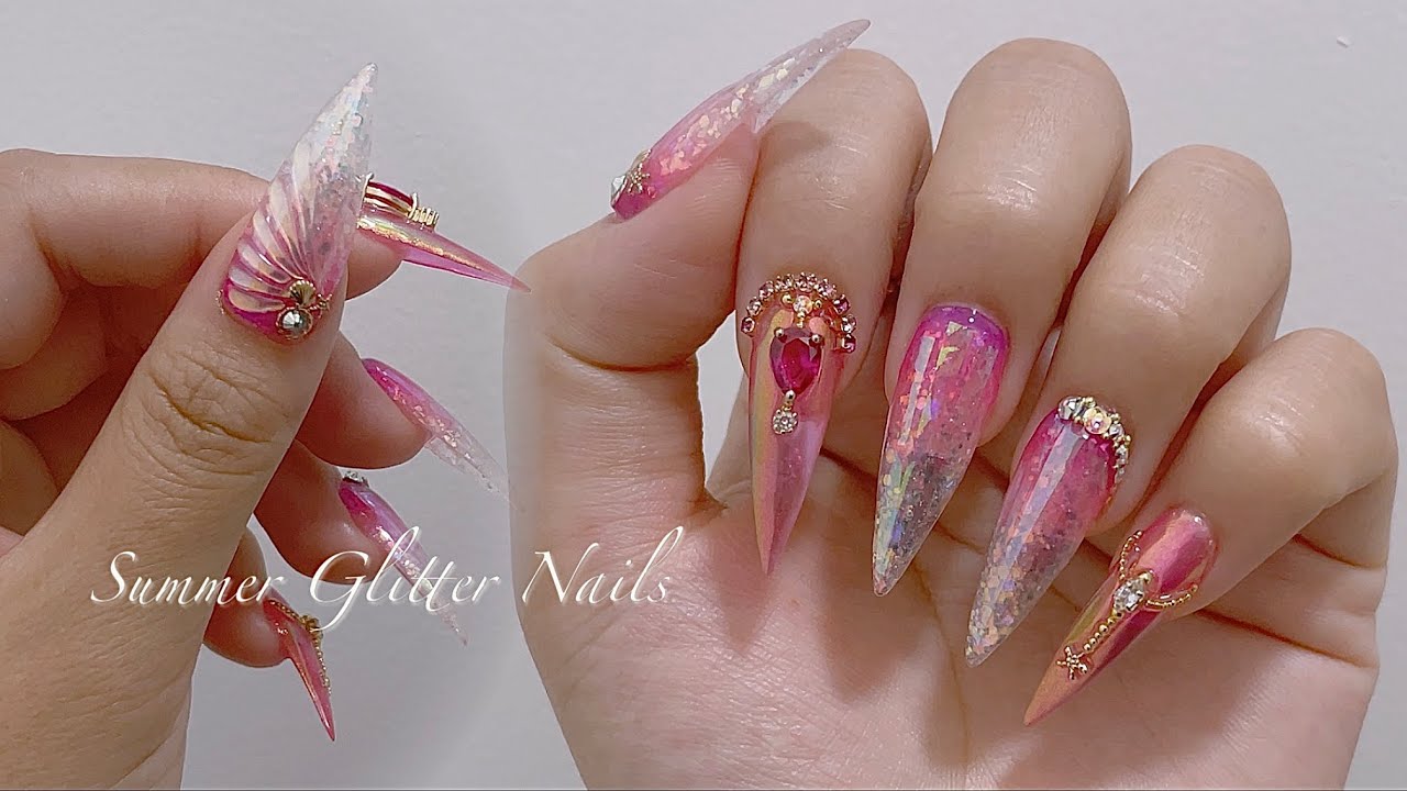 [SUB] Easy Gel Extention with Stiletto Shape Dual form / 3D Seashell nail art/ Glitter nails