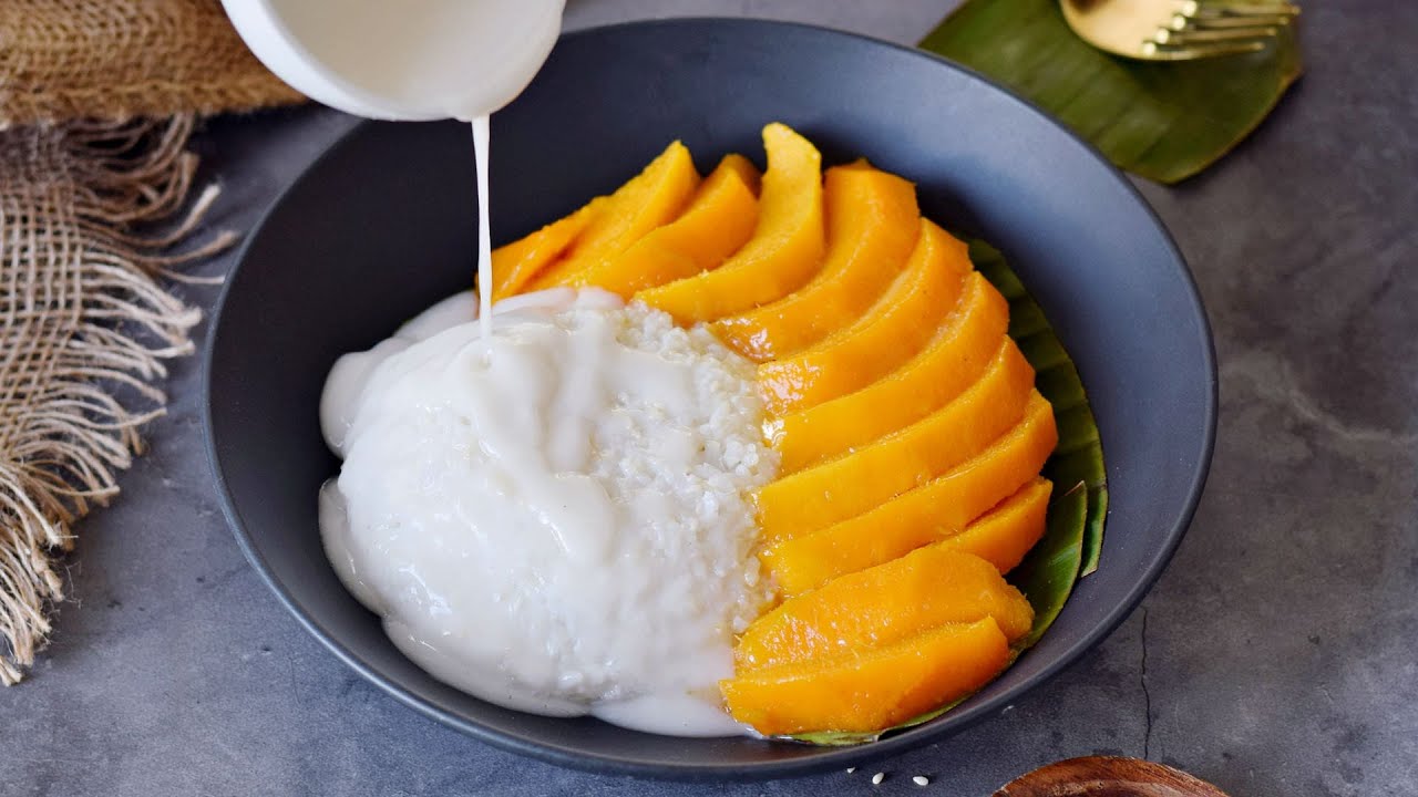 Липкий рис со сливками и манго (рецепт вкусного кокосового риса)