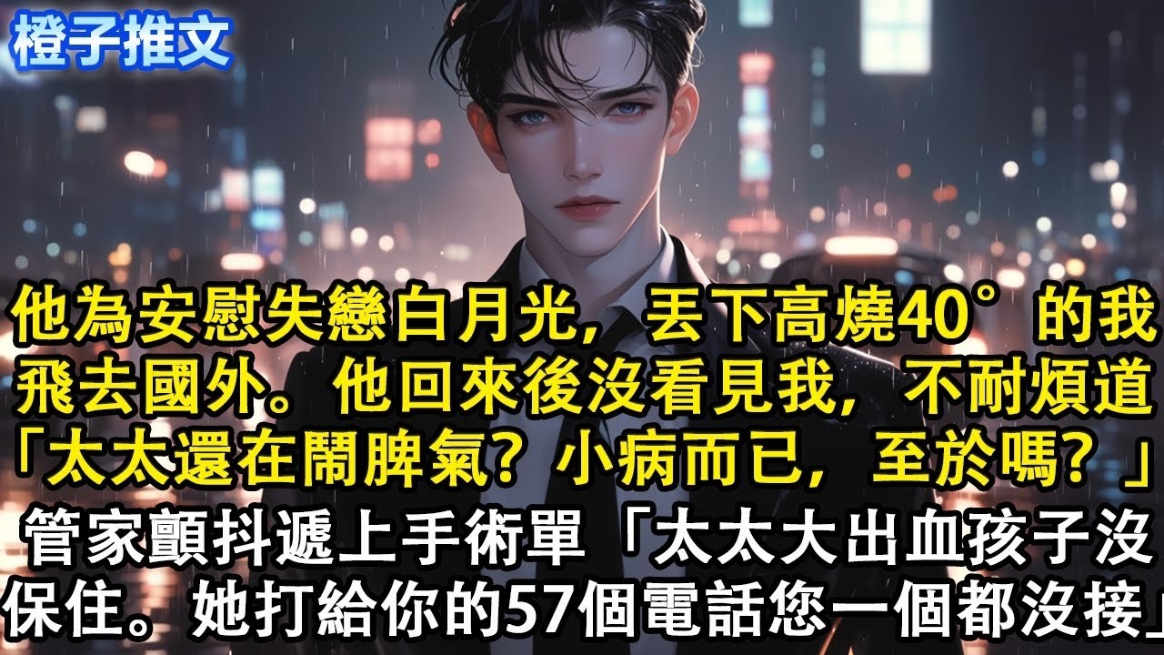他為安慰失戀的白月光，丟下高燒40°的我飛去國外。他回來後沒看見我，不耐煩地問「太太還在鬧脾氣？小病而已，至於嗎？」管家顫抖遞上手術單「太太大出血，孩子沒保住。她打給你的57個電話您一個都沒接