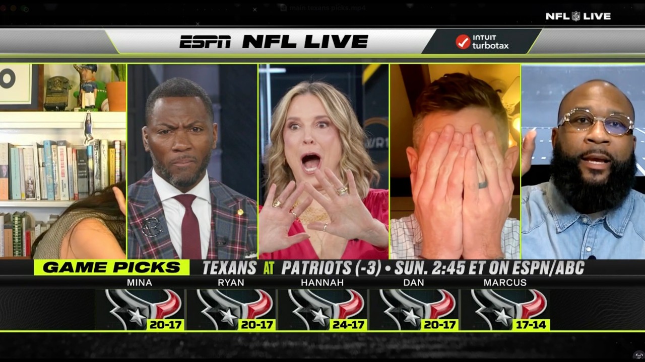 The NFL Live crew find out they all picked the Texans 😮 'This is bad, I&rsquo;m changing my pick!' 🤣