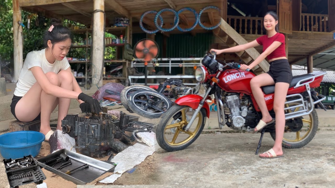 Girl repair and restoration of LongCin 125cc motorbike made in China.