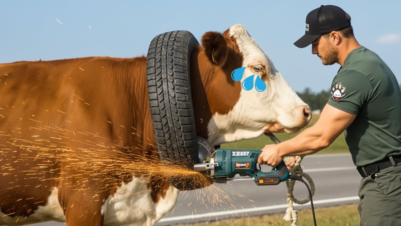 Urgent Rescue: Team Races to Free Cow from Giant Tire
