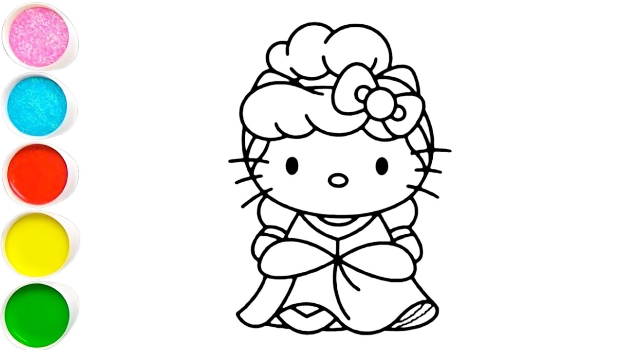 Милый рисунок принцессы Hello Kitty для детей и малышей, раскраска и краска.