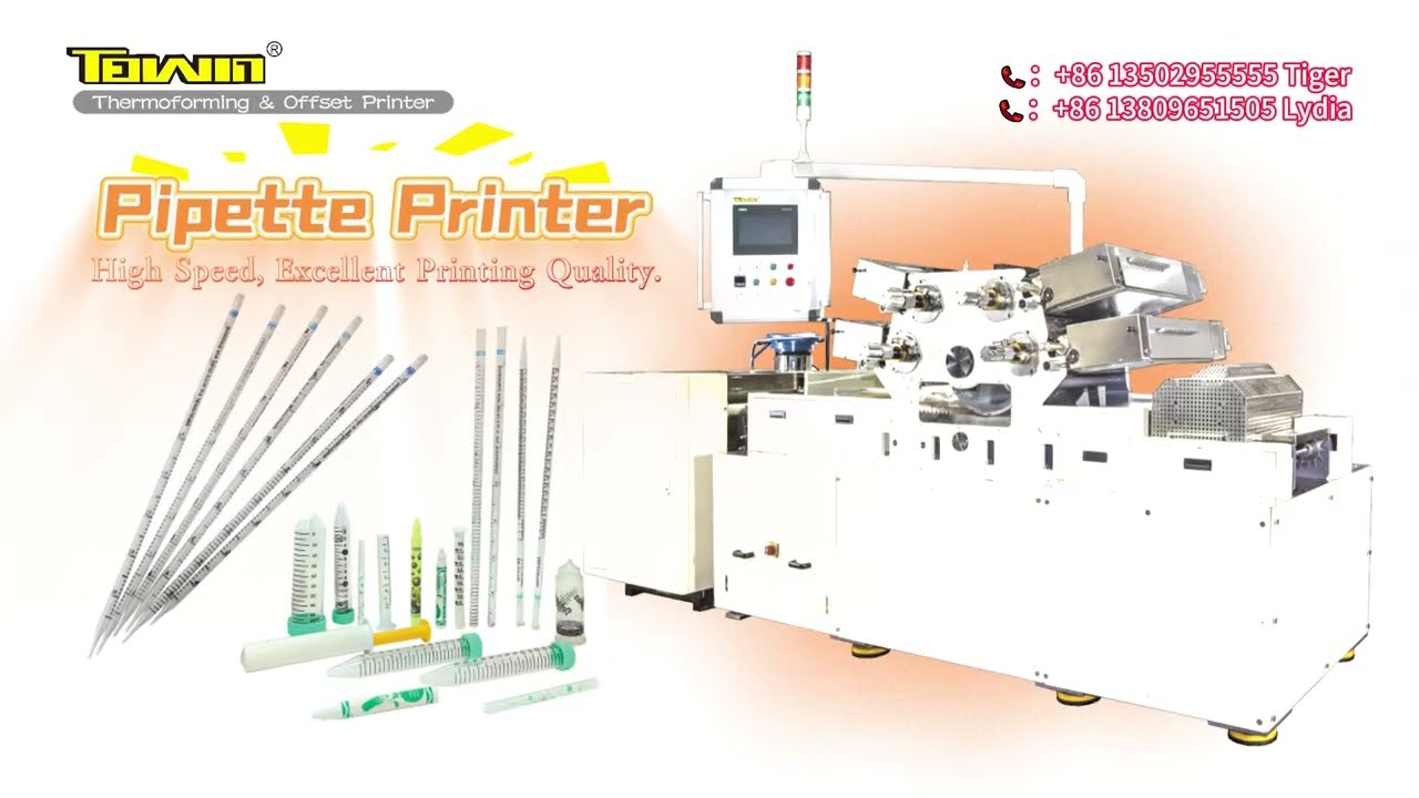 Automatic 4-color offset printing equipment for high-precision printing of plastic medical pipettes.