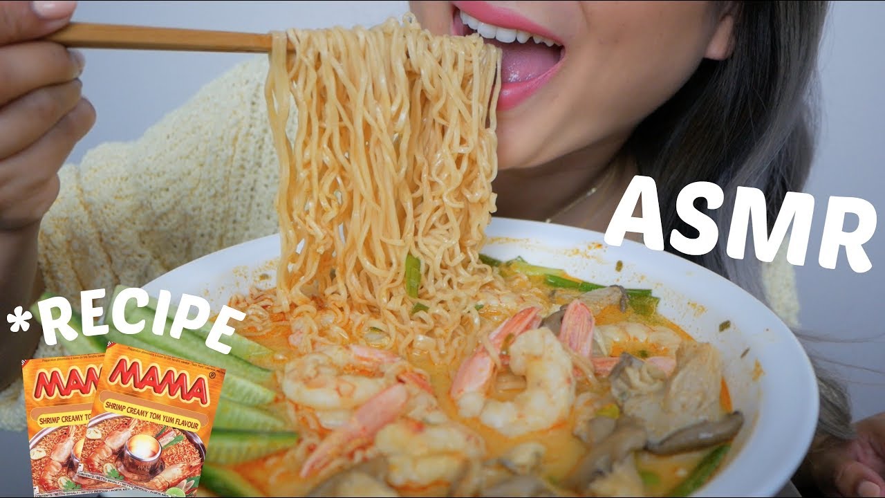 ASMR Mama Tom Yum Shrimp Noodles *Recipe* | Eating Sounds | N.E Let's Eat