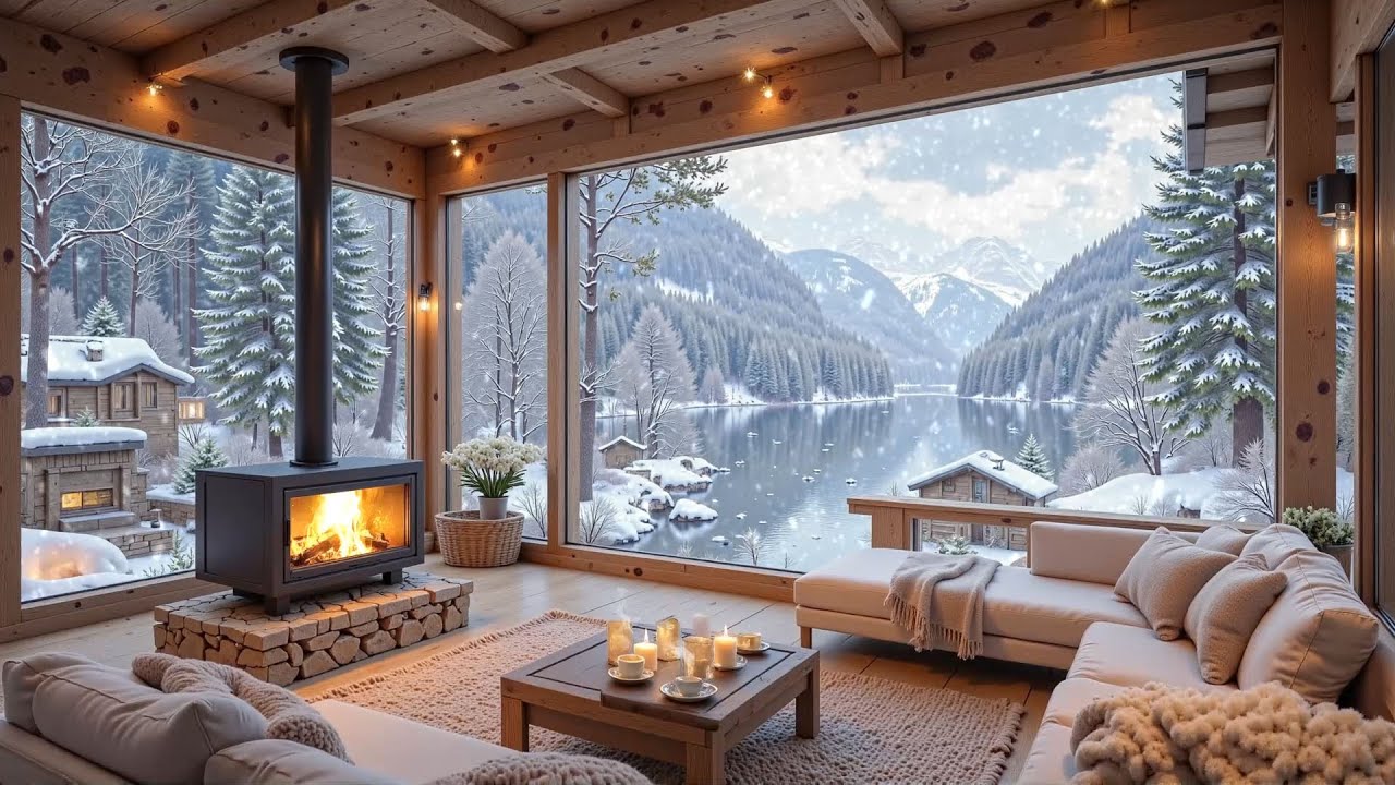 Relaxing Winter in Cozy Living Room ❄️ Snowy Scene and Fireplace Sound for Relaxation