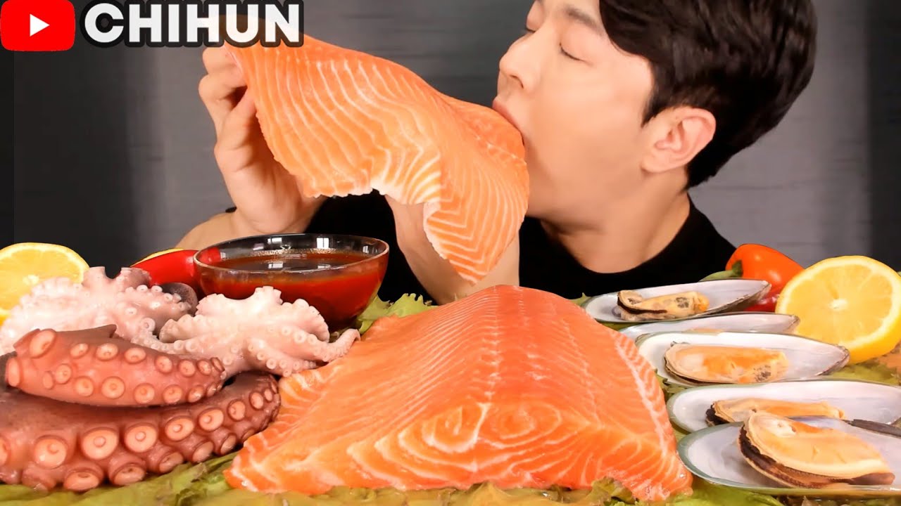 популярные морепродукты лосось, осьминог, мидии POPULAR SEAFOOD MUKBANG