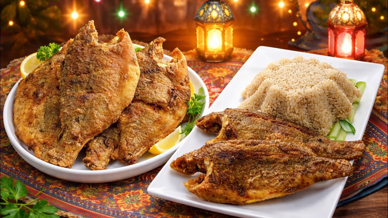 فطار رمضان  🌛 سمك بلطي مقلي مقرمش + رز صيادية مظبوط + طحينة وسلطة خضرا🔥