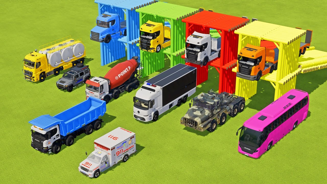 TRANSPORTING MILITARY TRUCK, FIRE TRUCK, FIRE DEPARTEMENT, FORD POLICE, AMBULANCE WITH TRUCKS ! FS22