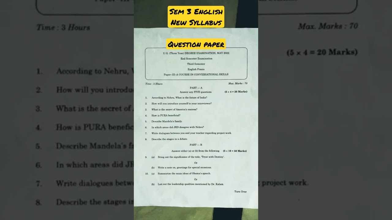 sem 3 English New Syllabus Question Paper | sem 3 English Model Paper | sem 3 English Question Paper