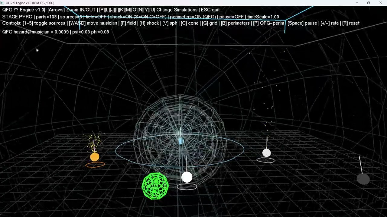 Stage Pyro — QFG Safety Field (Particles + Shock + Perimeters)