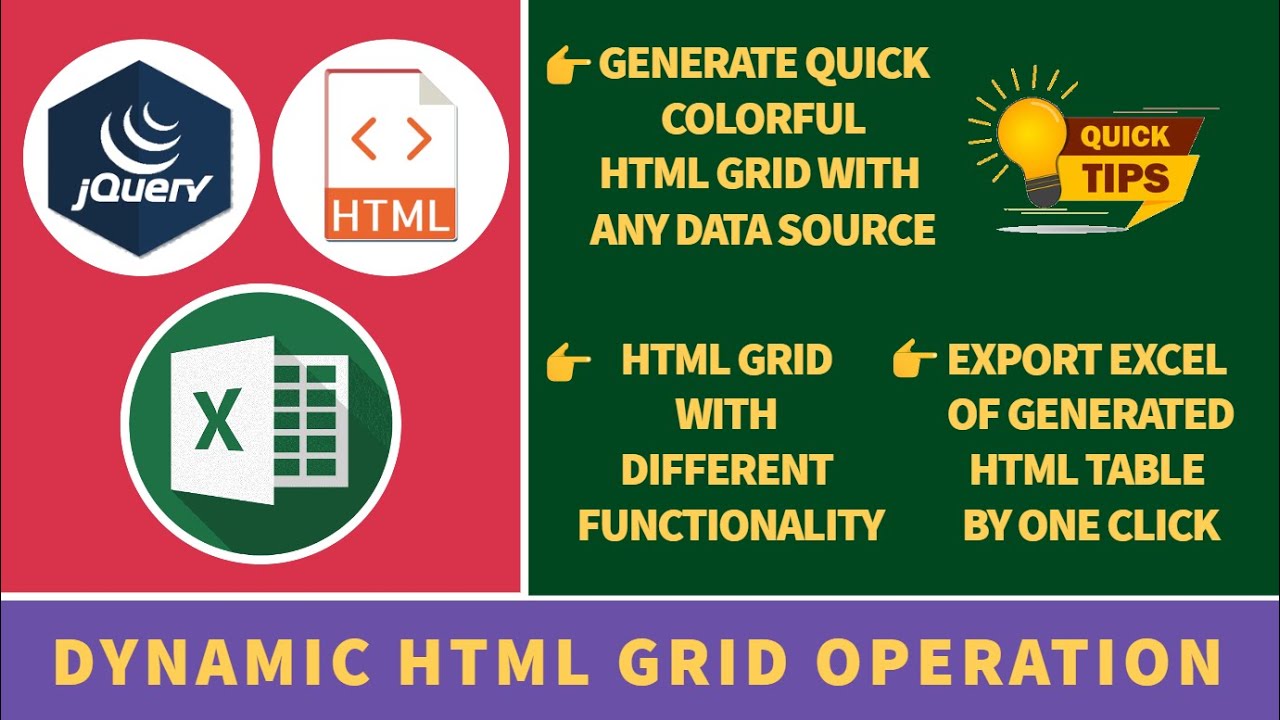 Dynamic Colorful HTML Grid Operation using Data Source || Different Functionality || Export Excel