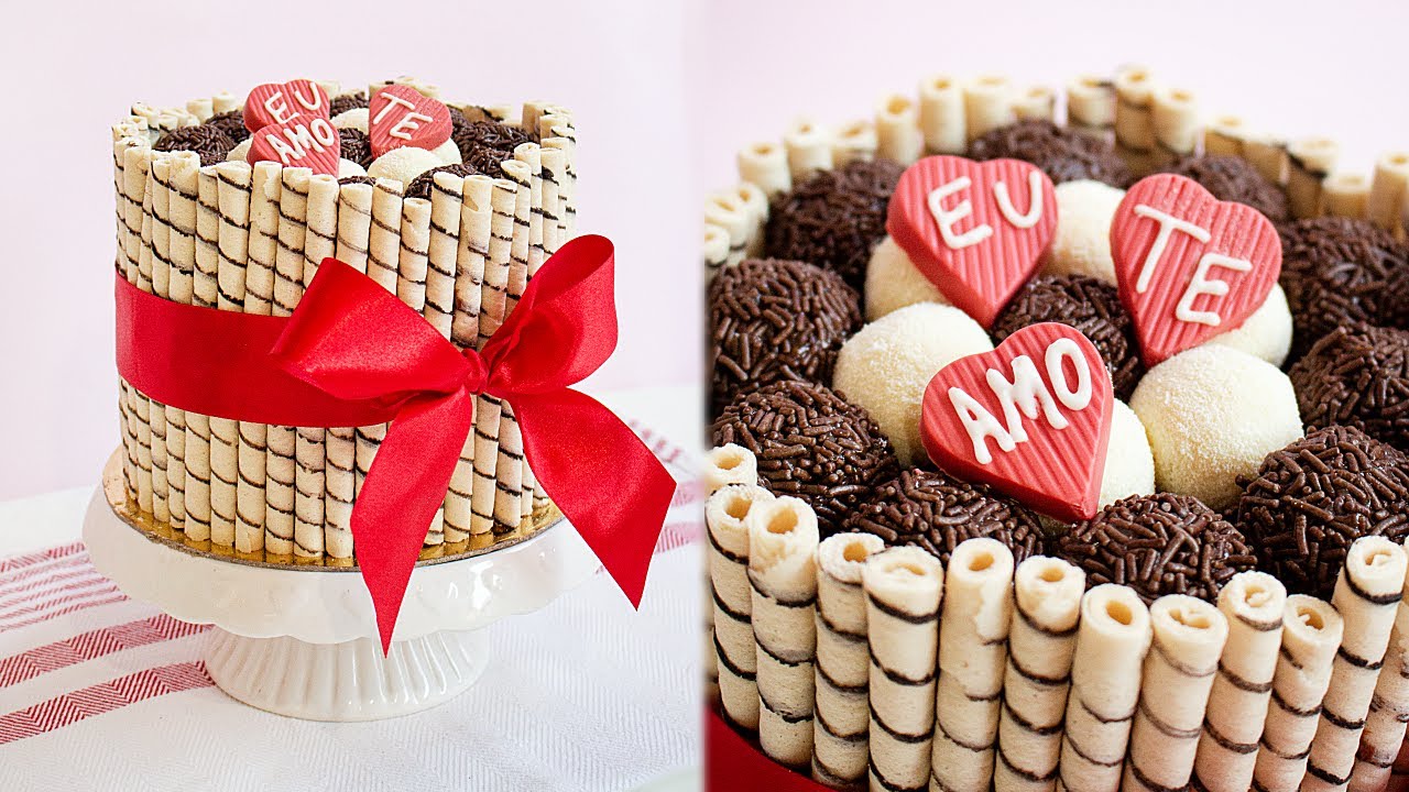 BOLO DECORADO COM WAFER E BRIGADEIROS - PARA O DIA DOS NAMORADOS - Tiago Mauro