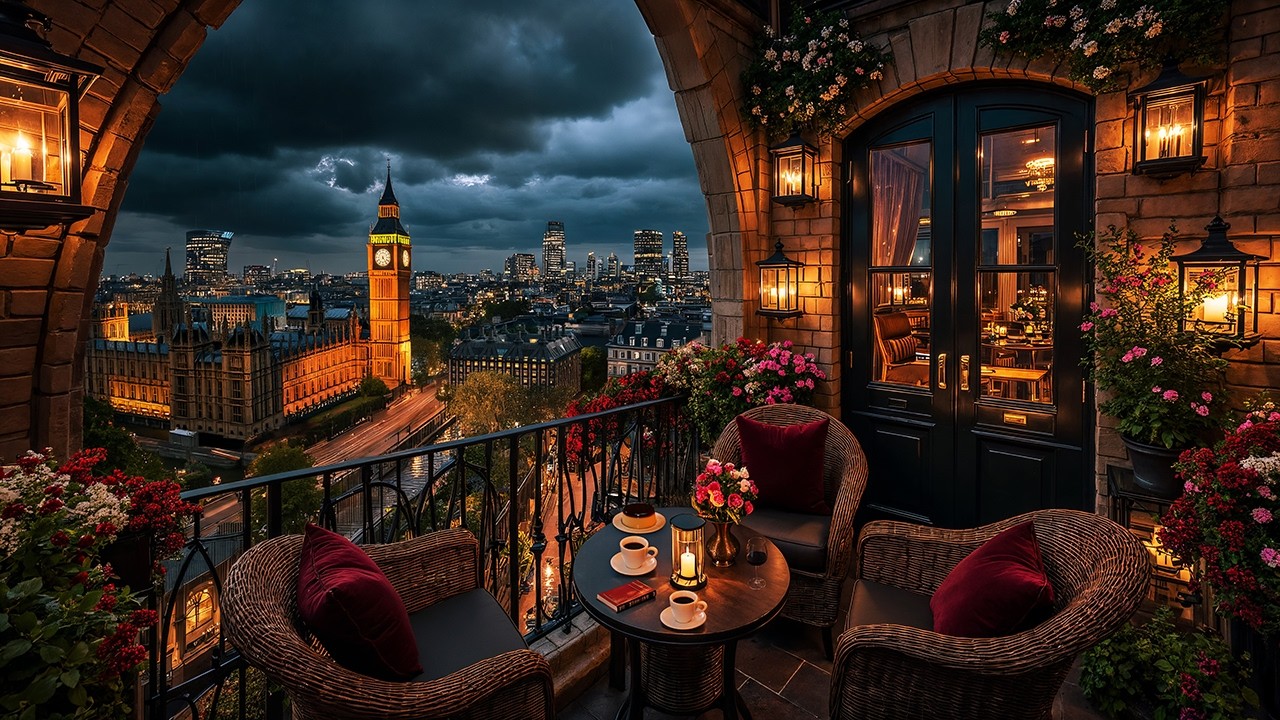 London Relaxing Night Jazz ☕ Big Ben Balcony Café Ambience & Smooth Jazz Music for Study, Work