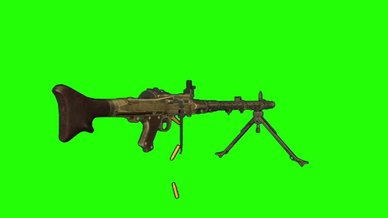 Light machine gun Mg-34, bipod three quarter back view right, fire and reload, green screen