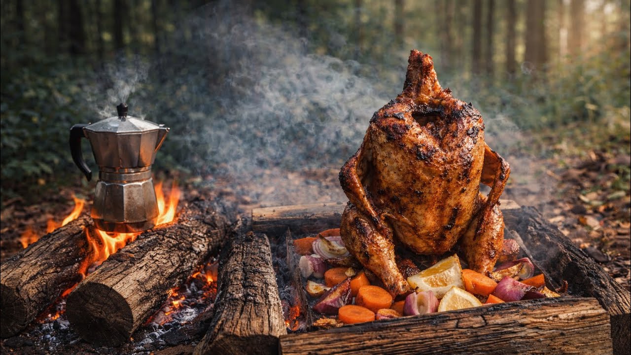 I Roasted a Whole Chicken in the Forest | Fire Coffee & Nature Sounds🔥🍗
