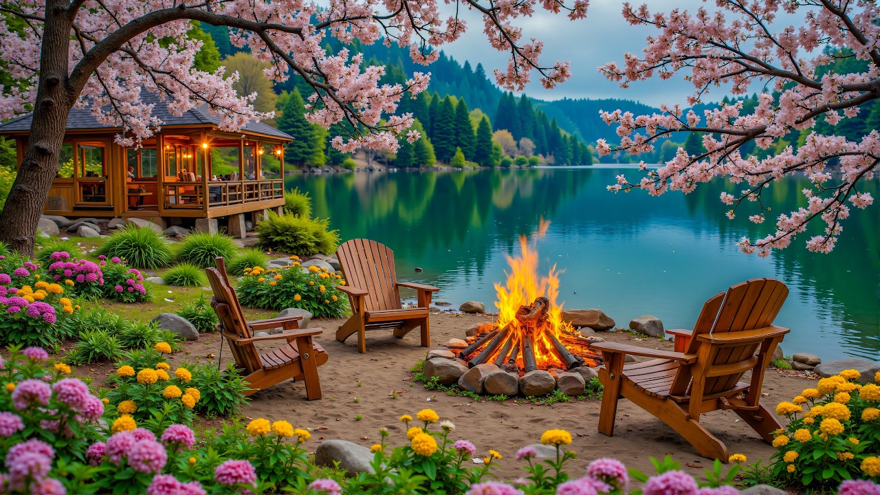Tranquil Piano Spring Music Lake Cabin 🌲🔥Birds Sounds Imagination Soars for Relaxation Reset