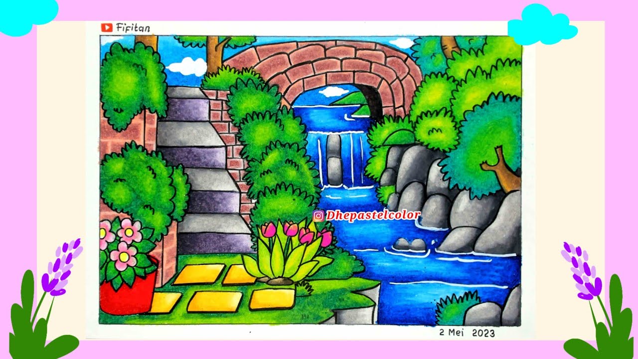 CARA MENGGAMBAR DAN GRADASI WARNA OILPASTEL TEMA TANGGA, AIR TERJUN DAN JEMBATAN ( EP 414 )