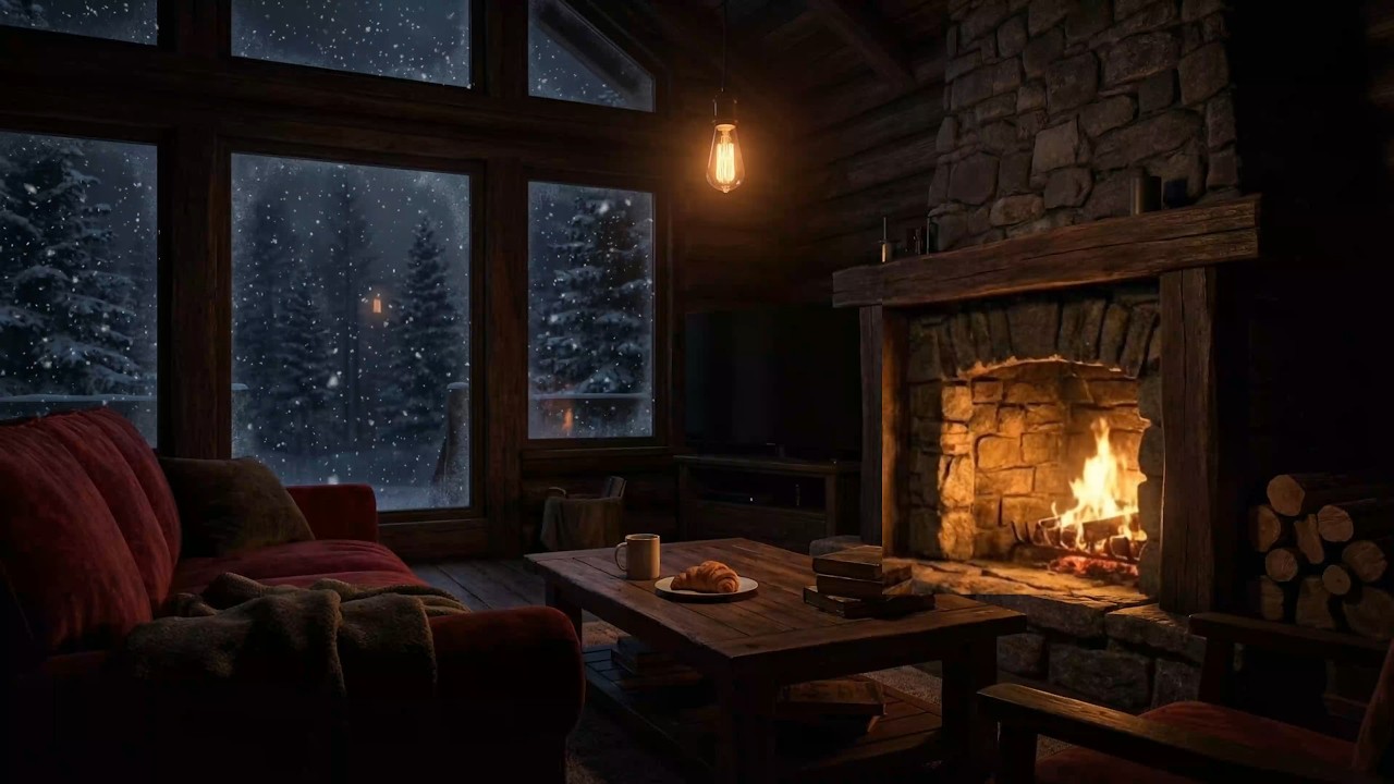 Cozy Winter Room with Relaxing Blizzard and Fireplace Crackling - Best Sounds For Sleep, Relax