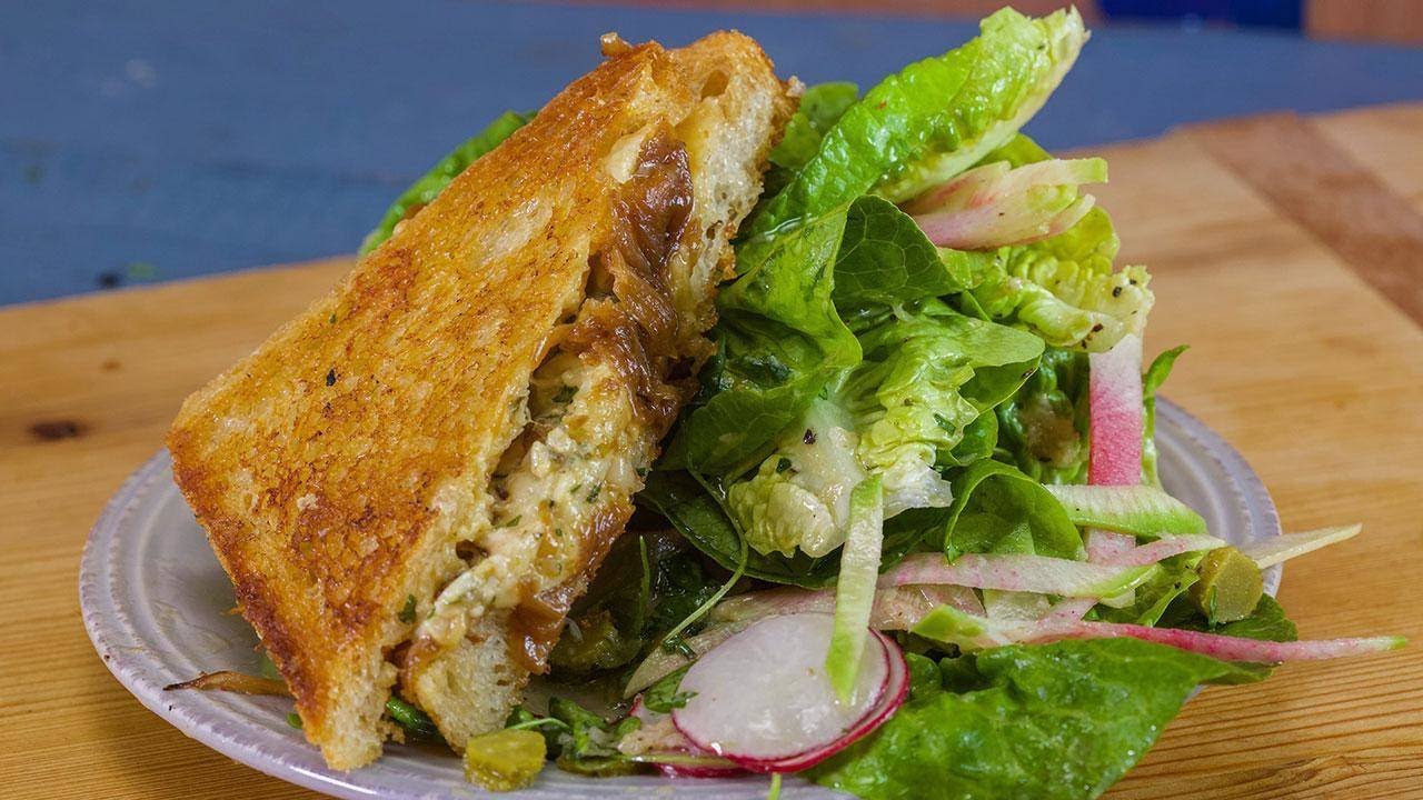 Rachael's French Onion Grilled Cheese and Spring Greens Salad with Tarragon Vinaigrette