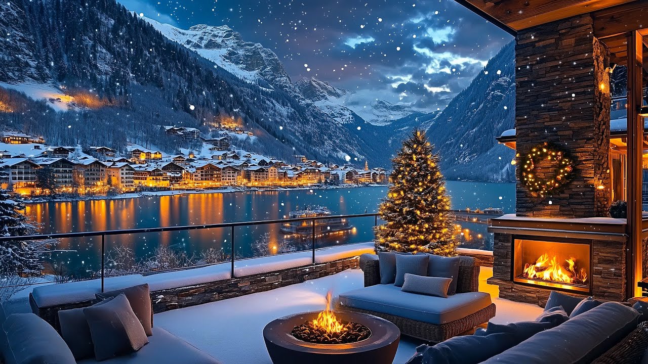 Warm Mountain Terrace Winter Ambience ❄️ Smooth Jazz, Crackling Fireplace & Snowfall for Relaxation⛄