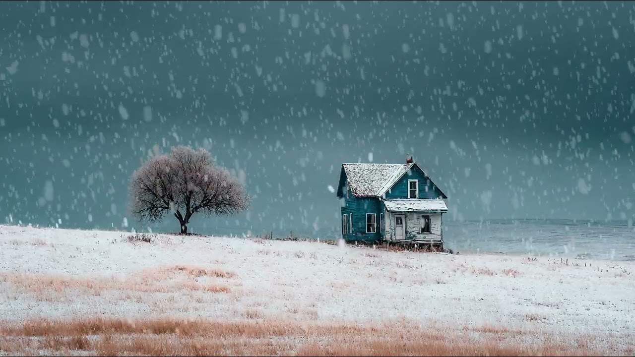 Soft snowfall drifting endlessly through the quiet countryside at midnight | Calm winter ambience