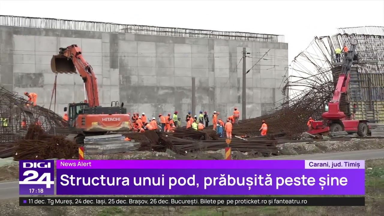 Trafic oprit &icirc;ntre Timişoara şi Arad. Structura unui pasaj rutier a căzut pe liniile de cale ferată