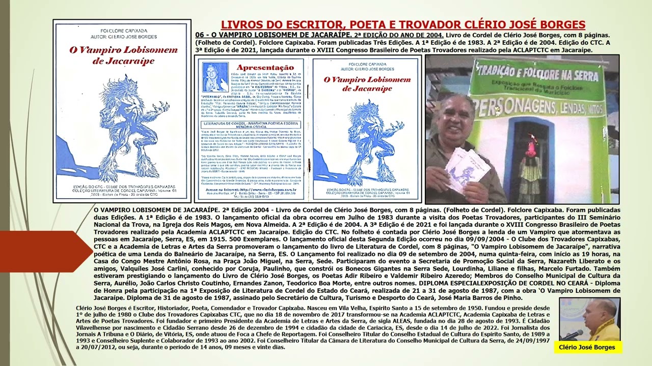 Relação Completa e atualizada nos Livros do Comendador, Poeta Trovador Capixaba Clério José Borges.