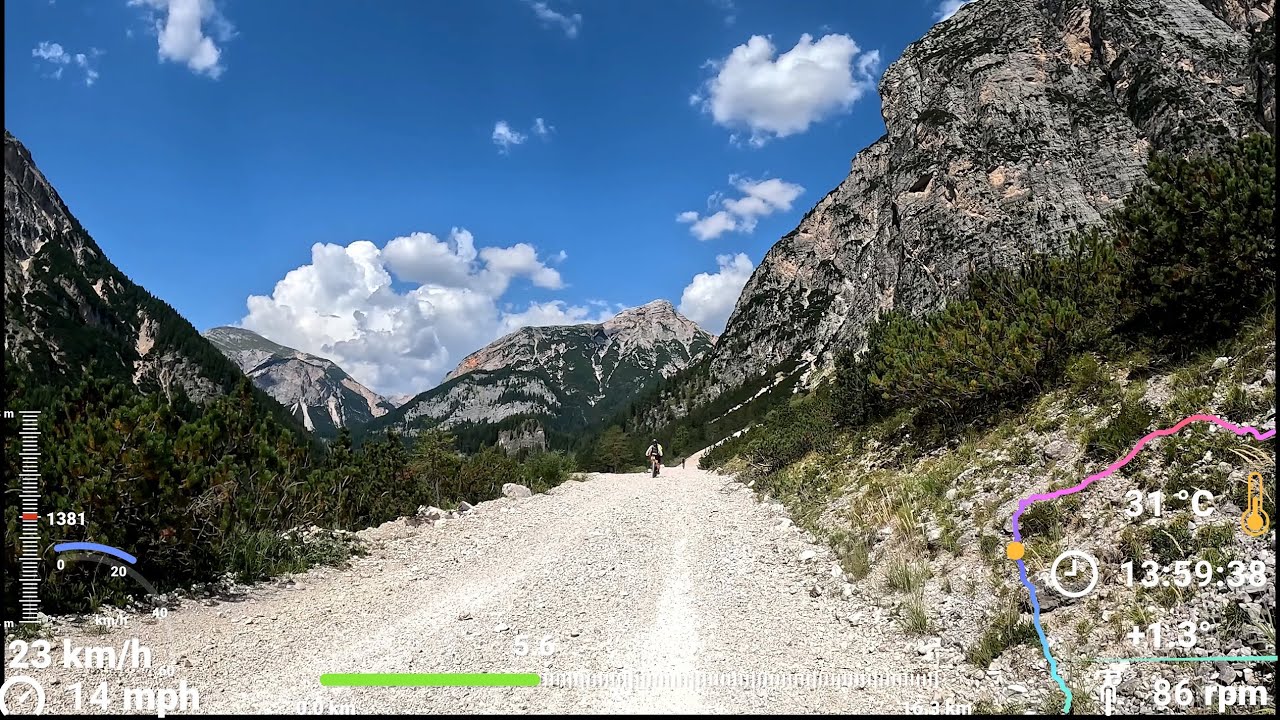 Scenic Indoor Cycling Old Train Bike Way Cortina D'Ampezzo with Telemetry Overlay 4K Video