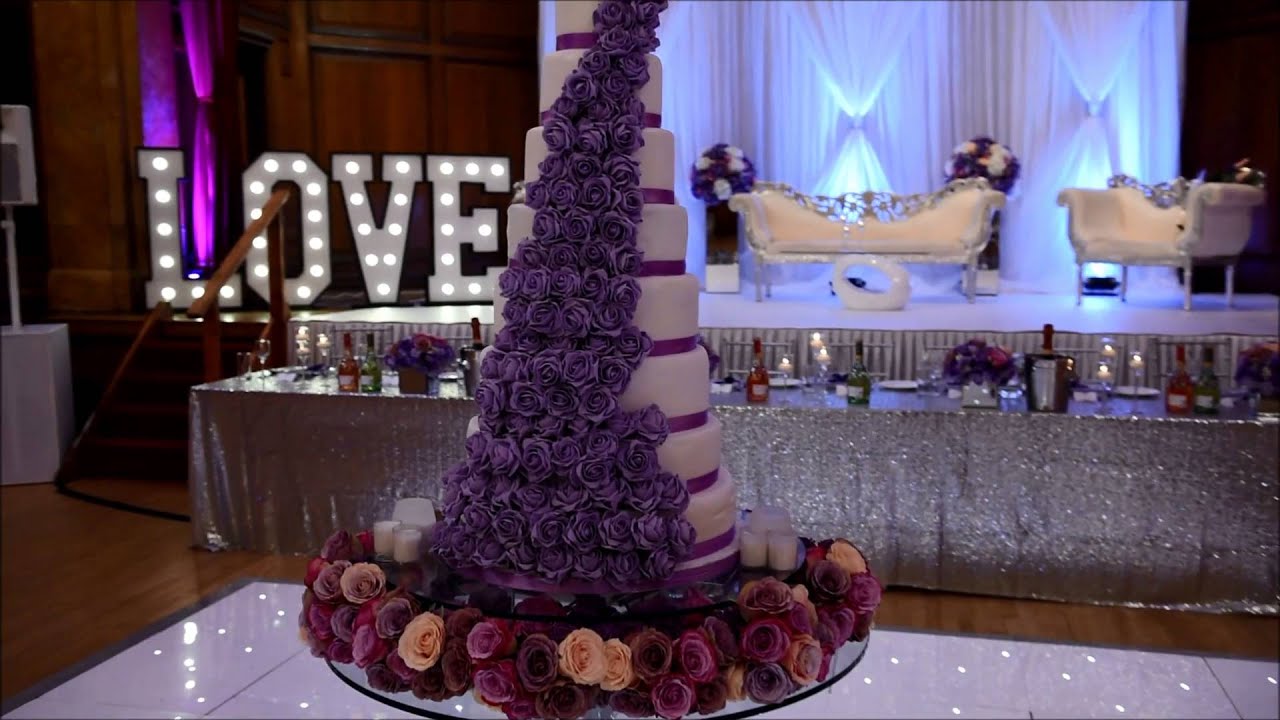 James and Nicola Navy, Lilac and Silver Modern Wedding Decorations at Porchester Hall London